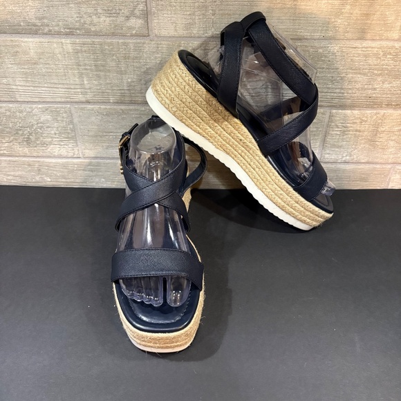 BANDOLINO Navy Logo Woven Padded Major Square Toe Wedge Heeled Sandal 9.5 M - Picture 2 of 11